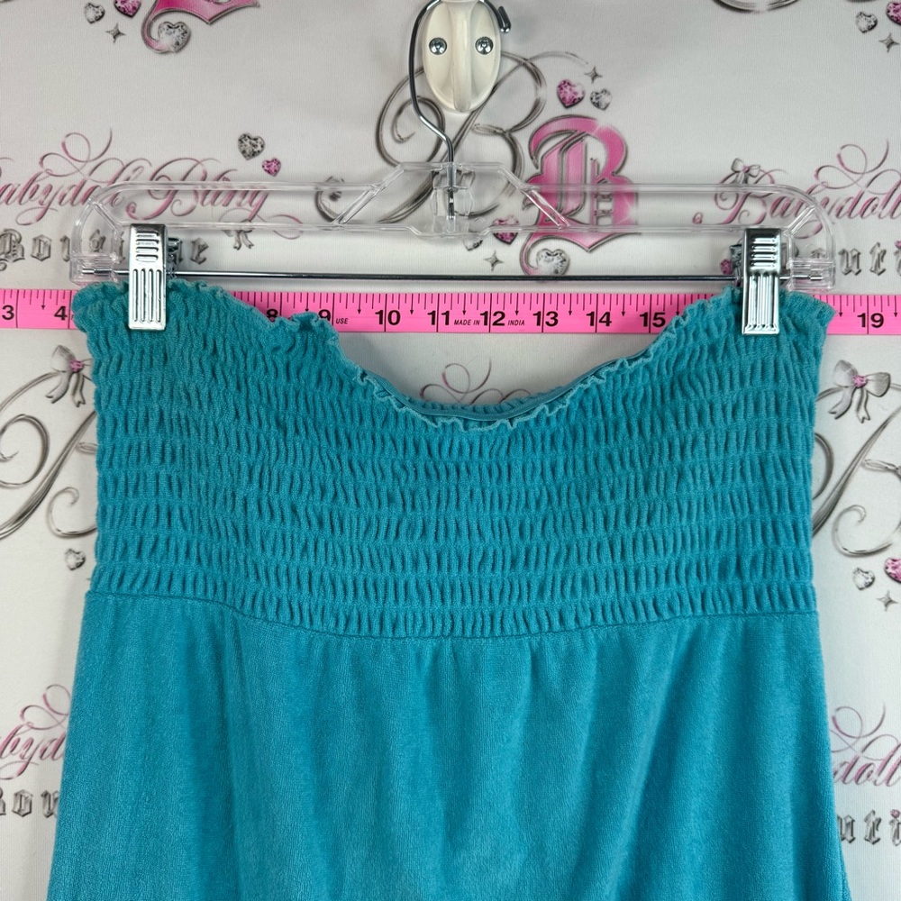 Dress terry cloth ruffle hem tie up back Smocked Waist Turquoise Tube Skirt - Picture 3 of 10